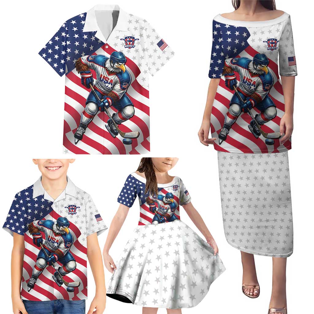 Custom USA Ice Hockey Family Matching Puletasi and Hawaiian Shirt Eagle Mascot Stars and Stripes Design