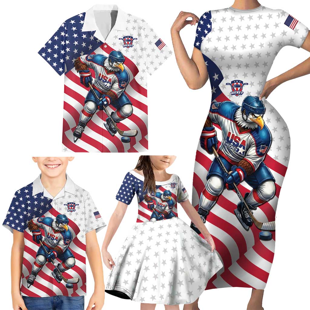Custom USA Ice Hockey Family Matching Short Sleeve Bodycon Dress and Hawaiian Shirt Eagle Mascot Stars and Stripes Design