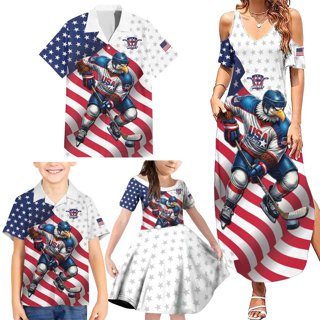 Custom USA Ice Hockey Family Matching Summer Maxi Dress and Hawaiian Shirt Eagle Mascot Stars and Stripes Design
