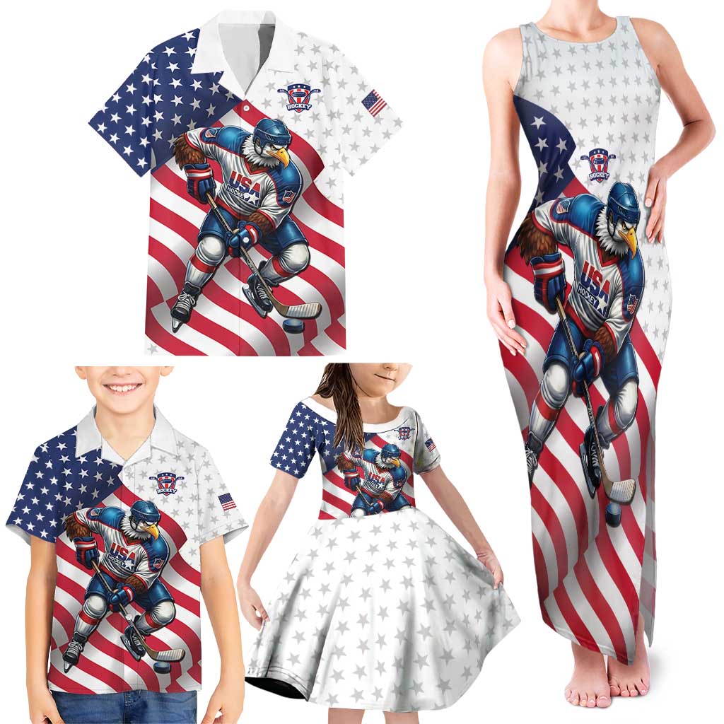 Custom USA Ice Hockey Family Matching Tank Maxi Dress and Hawaiian Shirt Eagle Mascot Stars and Stripes Design