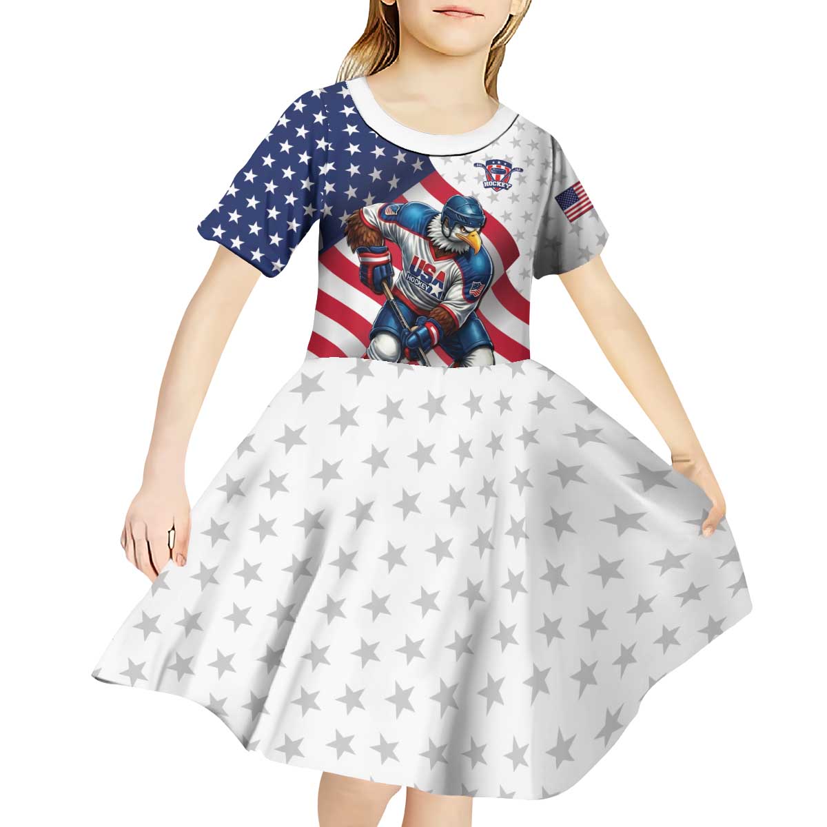 Custom USA Ice Hockey Kid Short Sleeve Dress Eagle Mascot Stars and Stripes Design