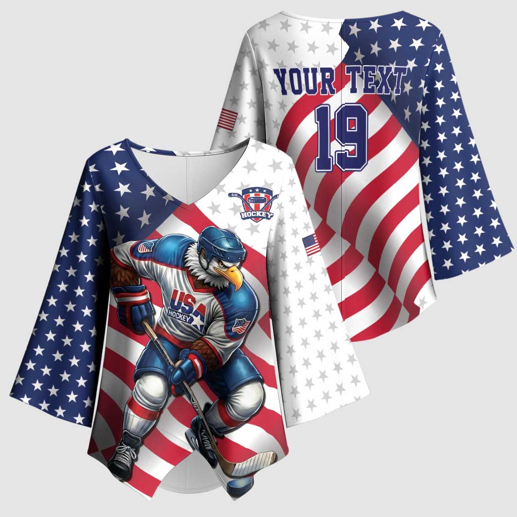 Custom USA Ice Hockey Kimono Sleeve Blouse Eagle Mascot Stars and Stripes Design