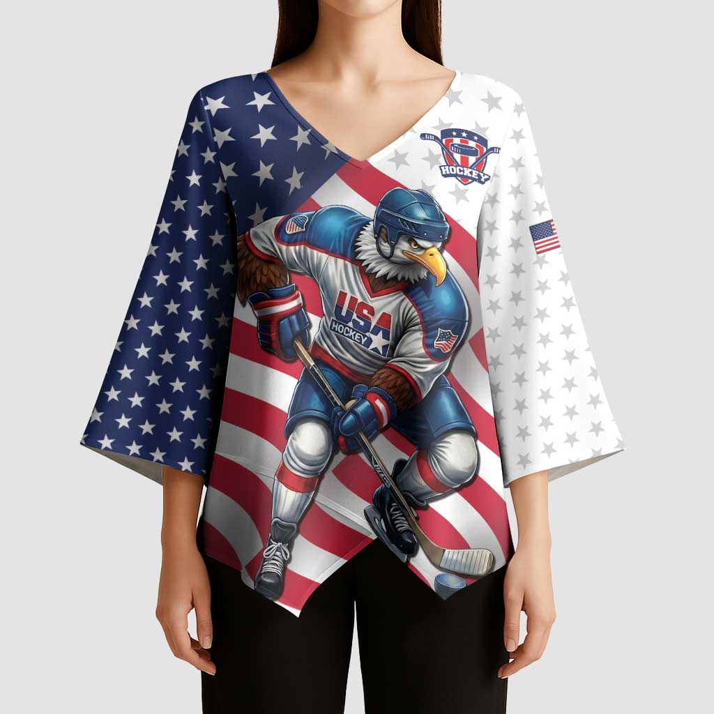 Custom USA Ice Hockey Kimono Sleeve Blouse Eagle Mascot Stars and Stripes Design