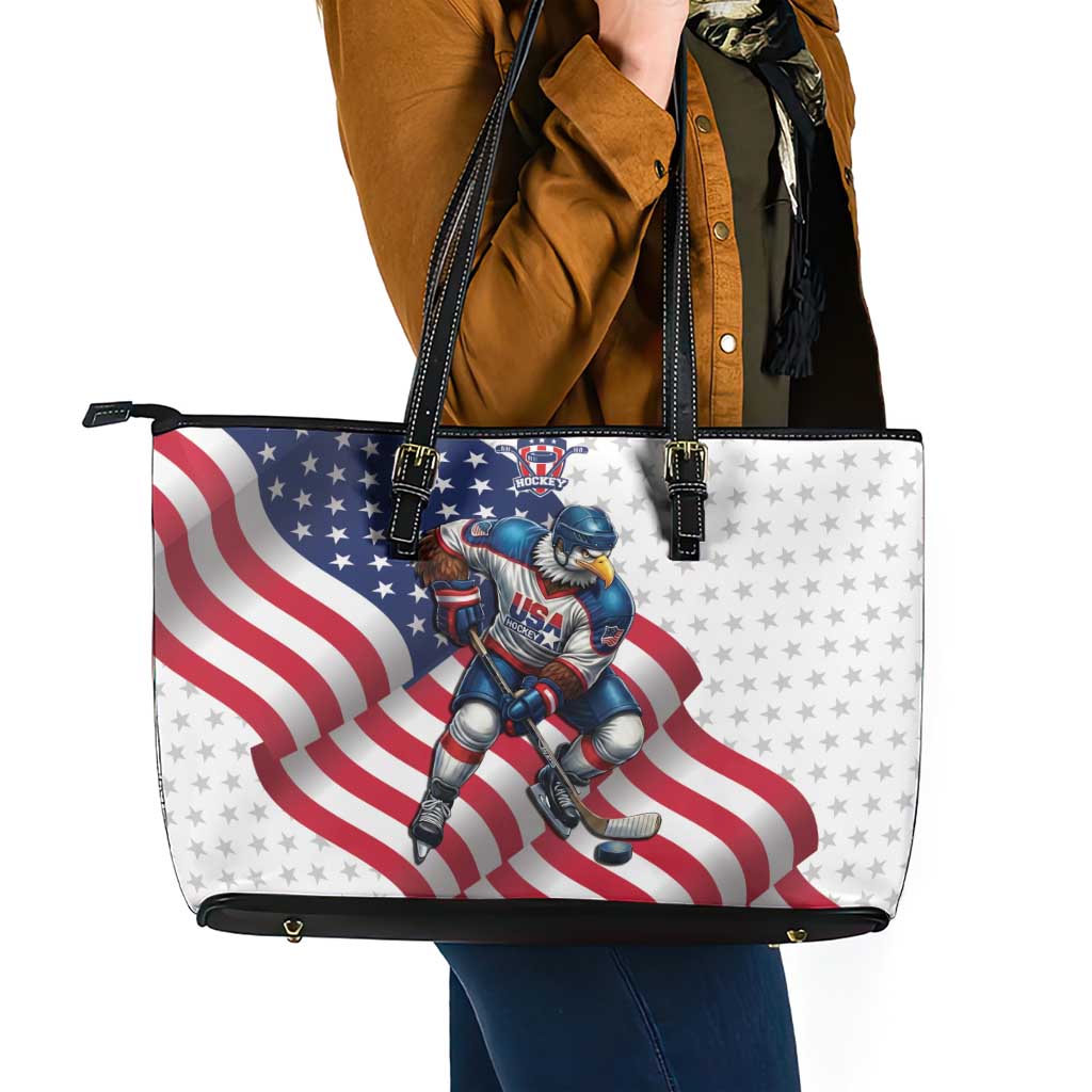 USA Ice Hockey Leather Tote Bag Eagle Mascot Stars and Stripes Design