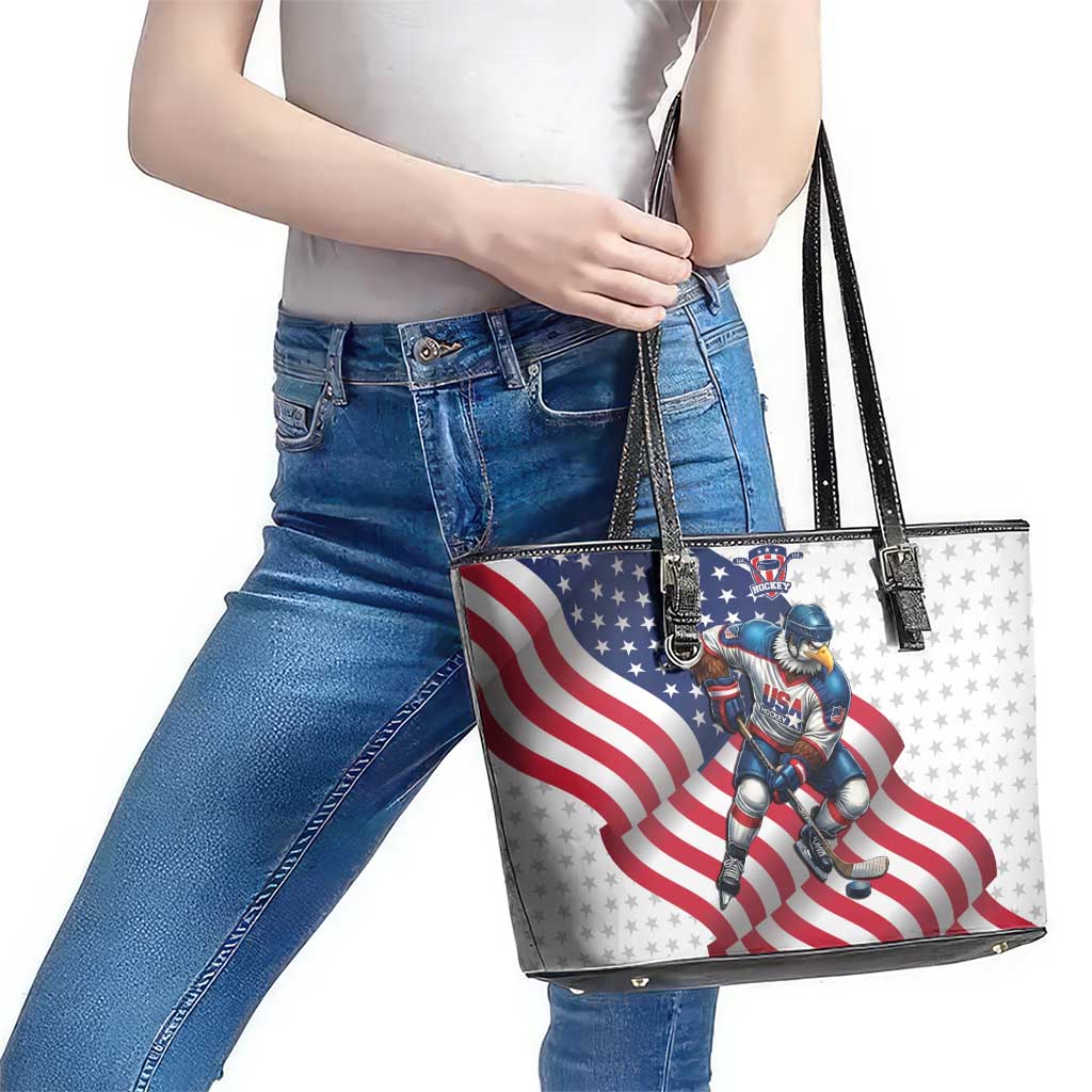 USA Ice Hockey Leather Tote Bag Eagle Mascot Stars and Stripes Design