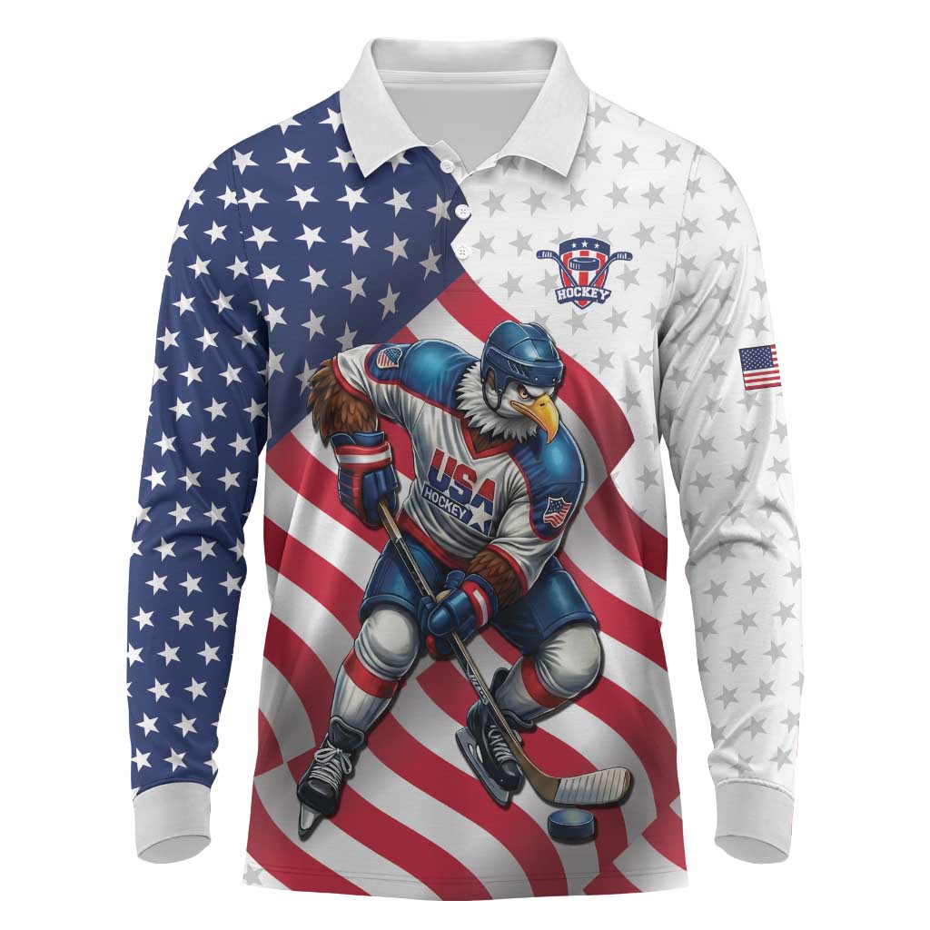 Custom USA Ice Hockey Long Sleeve Polo Shirt Eagle Mascot Stars and Stripes Design