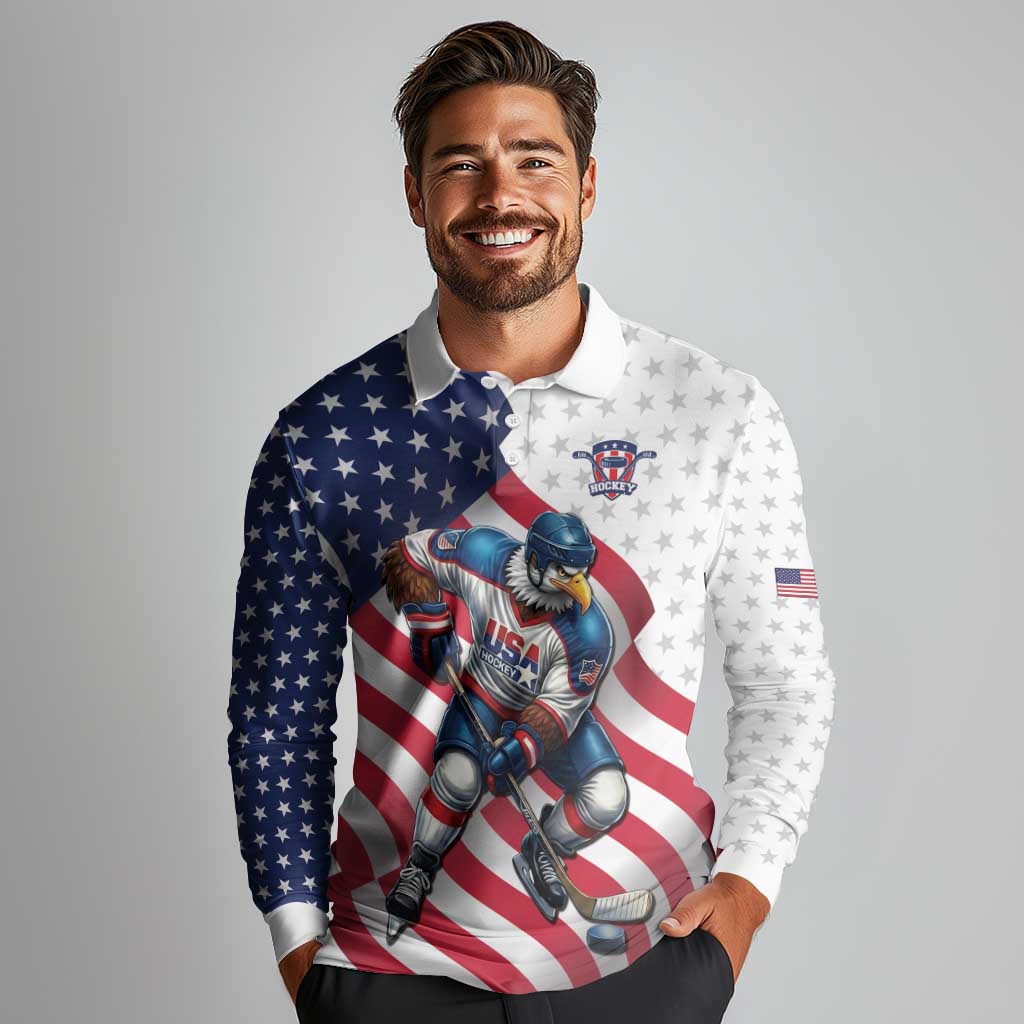 Custom USA Ice Hockey Long Sleeve Polo Shirt Eagle Mascot Stars and Stripes Design