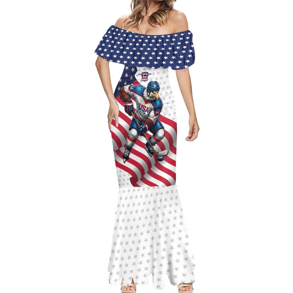 Custom USA Ice Hockey Mermaid Dress Eagle Mascot Stars and Stripes Design