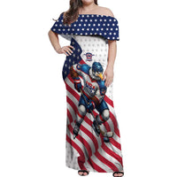 Custom USA Ice Hockey Off Shoulder Maxi Dress Eagle Mascot Stars and Stripes Design