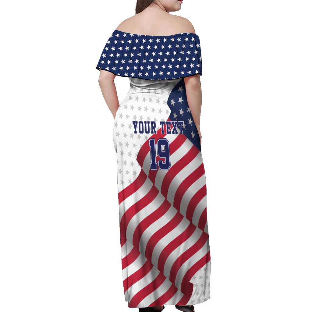 Custom USA Ice Hockey Off Shoulder Maxi Dress Eagle Mascot Stars and Stripes Design