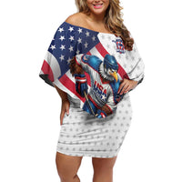 Custom USA Ice Hockey Off Shoulder Short Dress Eagle Mascot Stars and Stripes Design