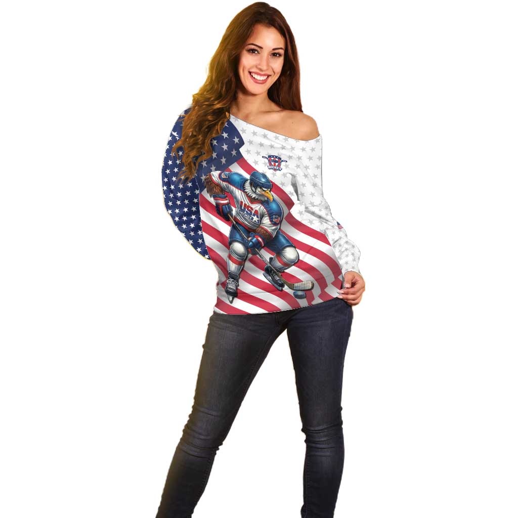 Custom USA Ice Hockey Off Shoulder Sweater Eagle Mascot Stars and Stripes Design