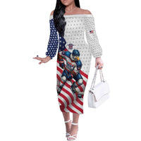 Custom USA Ice Hockey Off The Shoulder Long Sleeve Dress Eagle Mascot Stars and Stripes Design