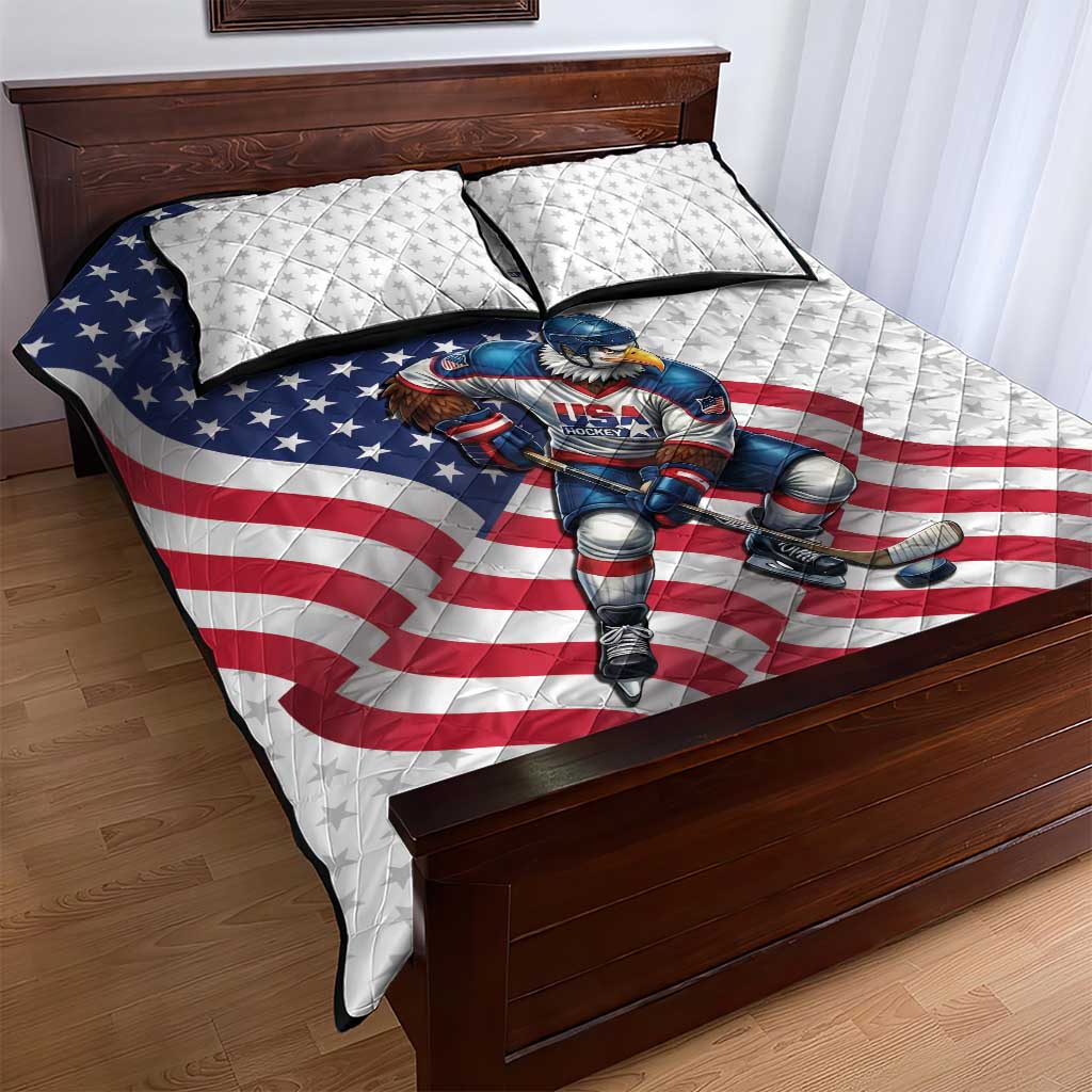 USA Ice Hockey Quilt Bed Set Eagle Mascot Stars and Stripes Design