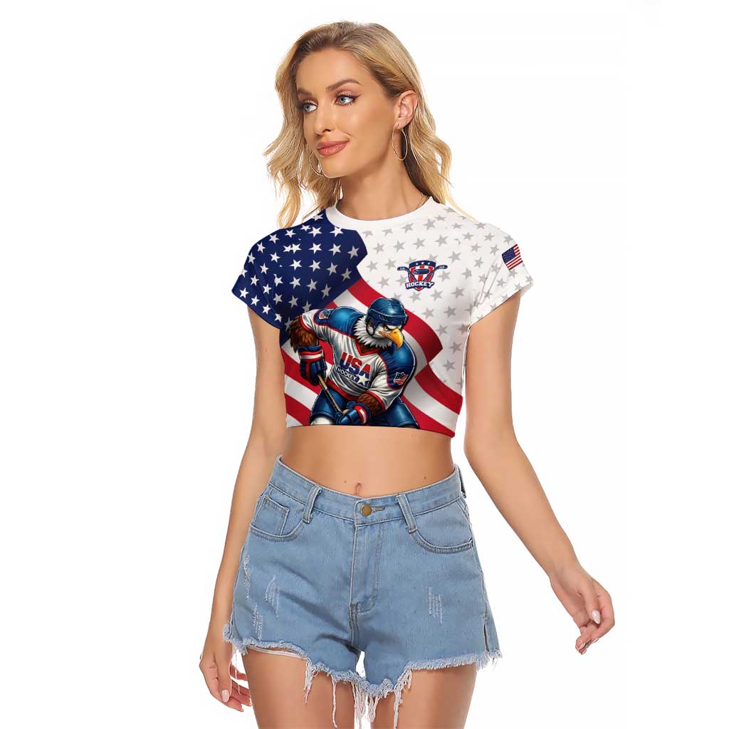 Custom USA Ice Hockey Raglan Cropped T Shirt Eagle Mascot Stars and Stripes Design