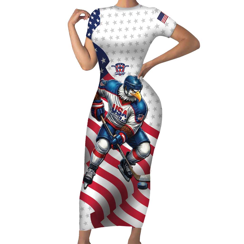 Custom USA Ice Hockey Short Sleeve Bodycon Dress Eagle Mascot Stars and Stripes Design