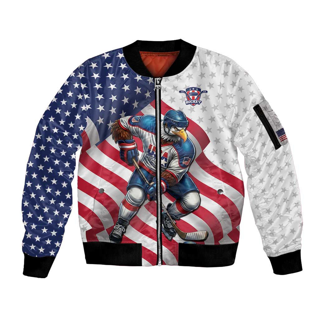 Custom USA Ice Hockey Sleeve Zip Bomber Jacket Eagle Mascot Stars and Stripes Design