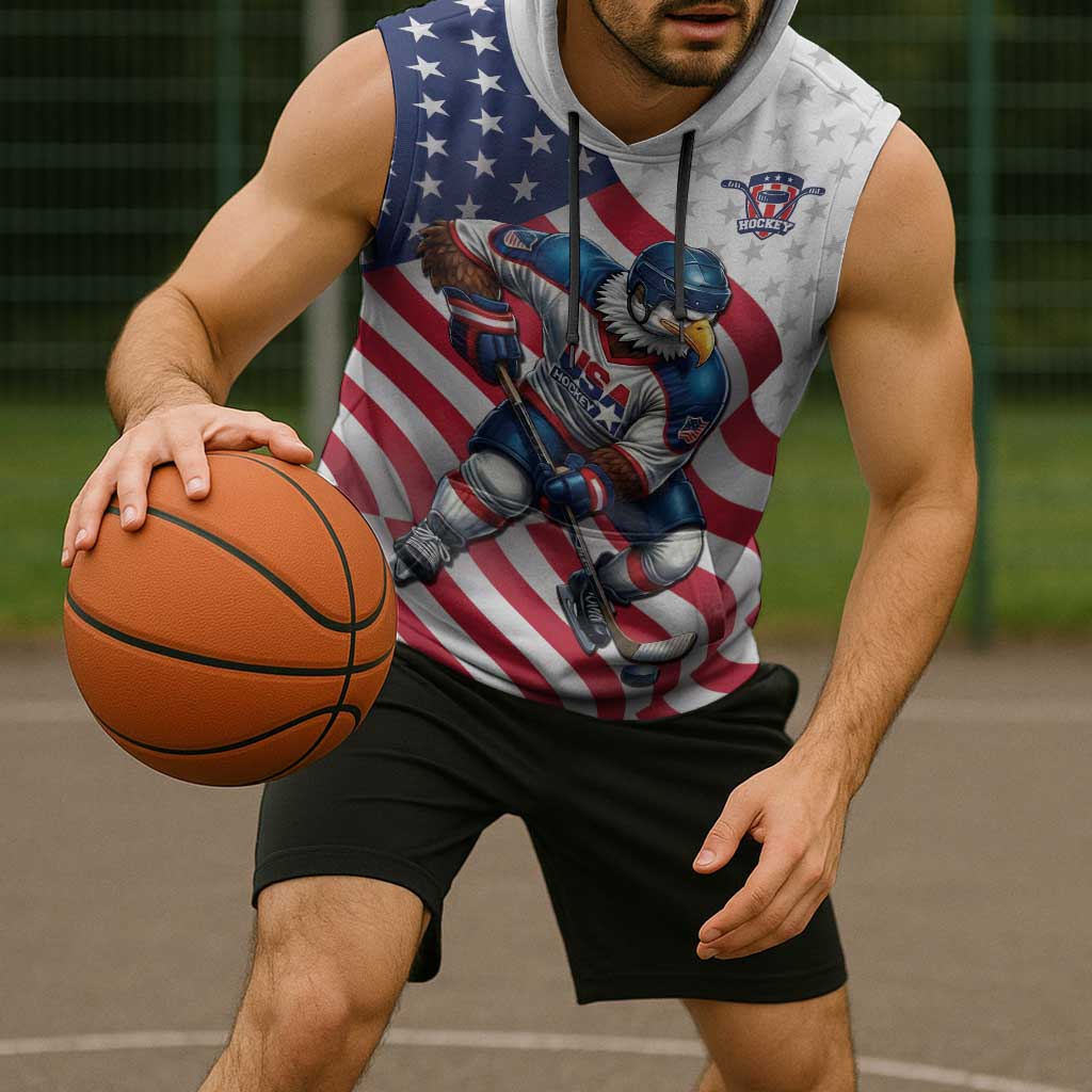 Custom USA Ice Hockey Sleeveless Hoodie Eagle Mascot Stars and Stripes Design
