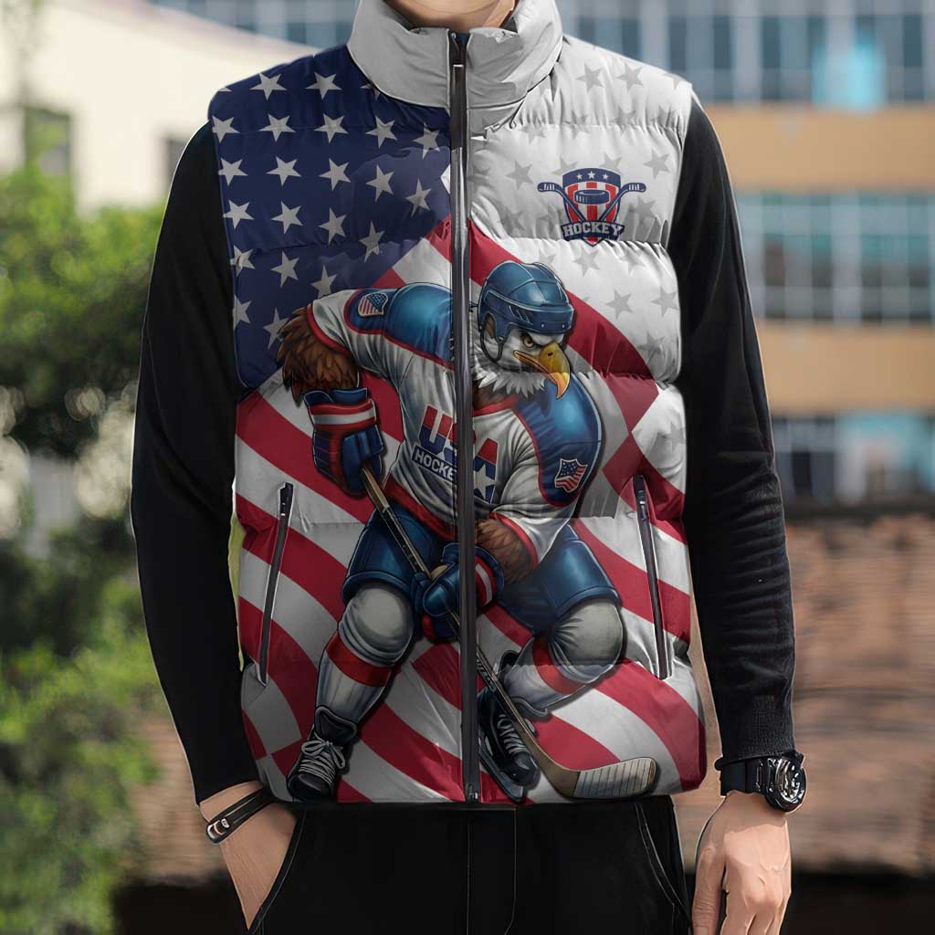 Custom USA Ice Hockey Sleeveless Puffer Jacket Eagle Mascot Stars and Stripes Design