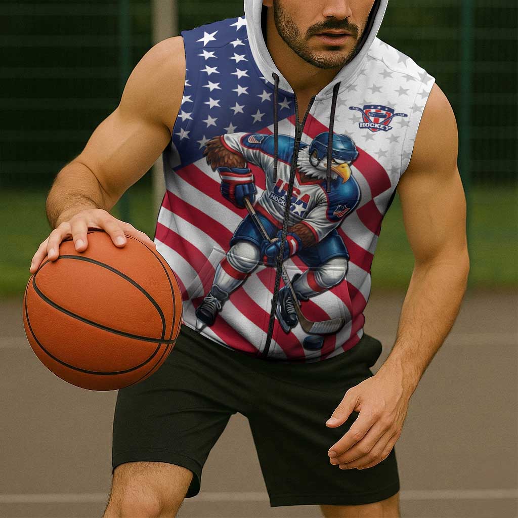 Custom USA Ice Hockey Sleeveless Zip Hoodie Eagle Mascot Stars and Stripes Design