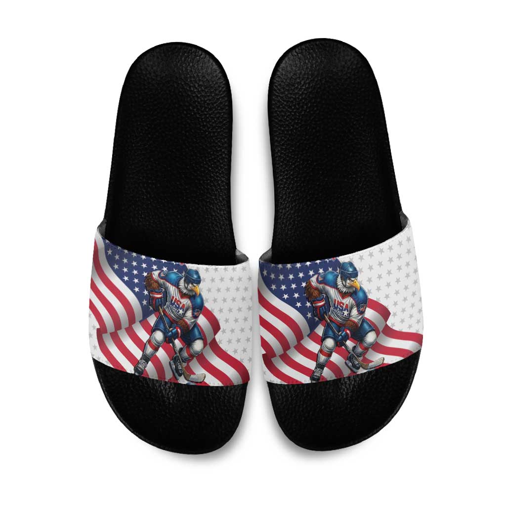 USA Ice Hockey Slide Sandals Eagle Mascot Stars and Stripes Design