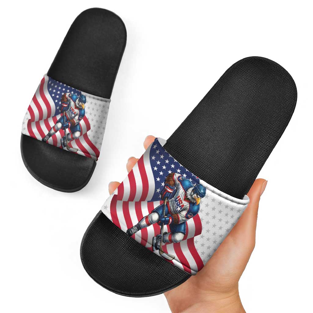 USA Ice Hockey Slide Sandals Eagle Mascot Stars and Stripes Design