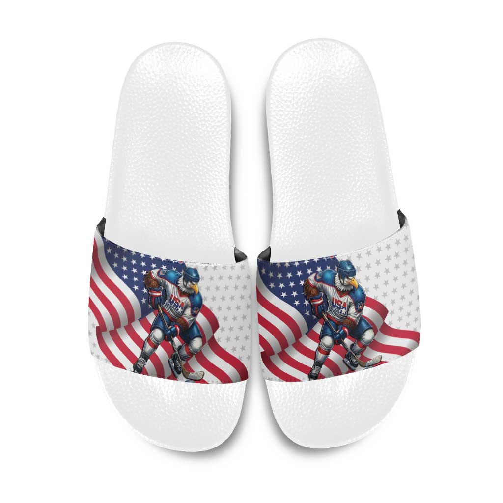 USA Ice Hockey Slide Sandals Eagle Mascot Stars and Stripes Design