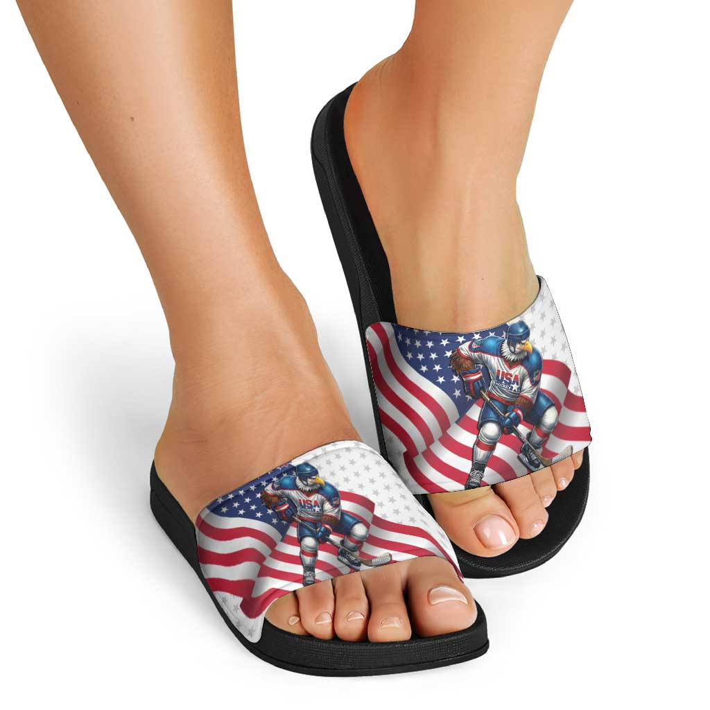 USA Ice Hockey Slide Sandals Eagle Mascot Stars and Stripes Design
