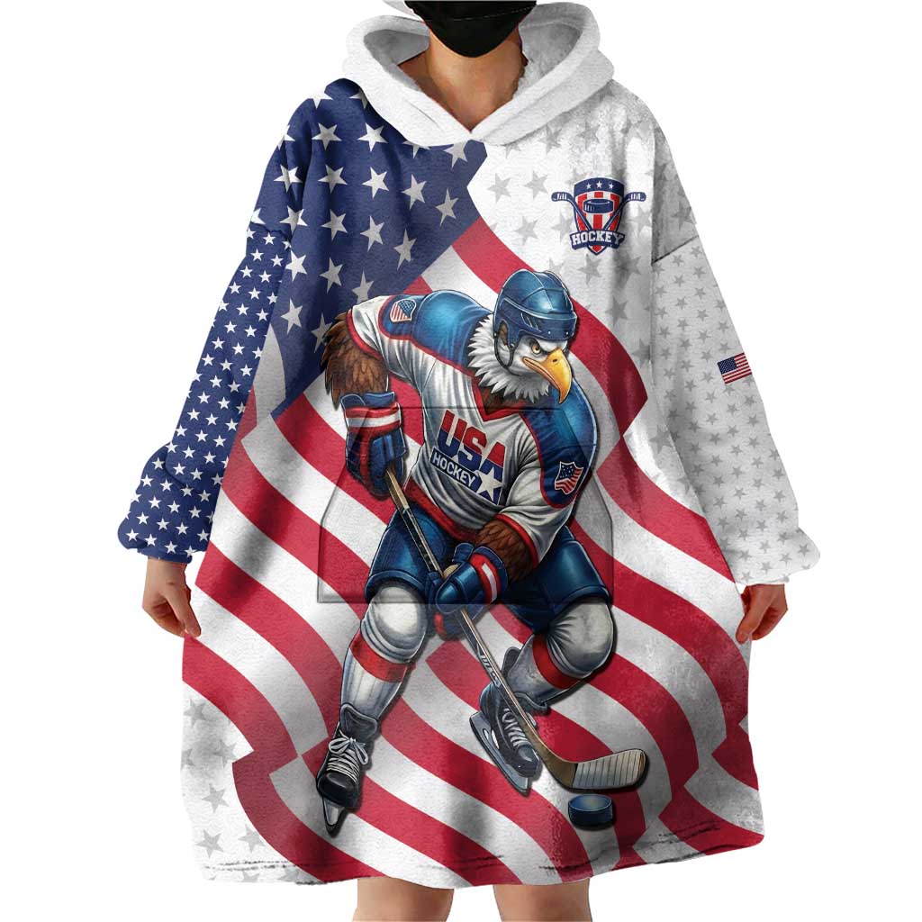 Custom USA Ice Hockey Wearable Blanket Hoodie Eagle Mascot Stars and Stripes Design