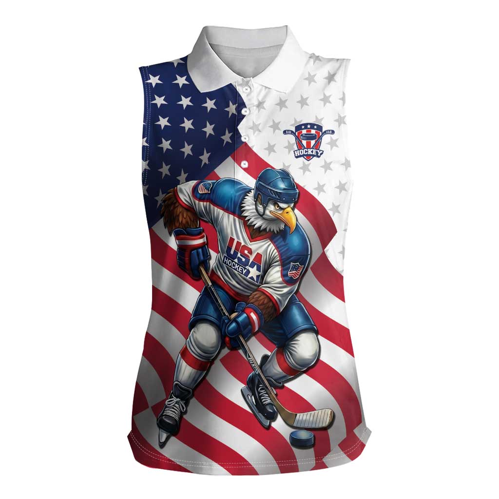Custom USA Ice Hockey Women Sleeveless Polo Shirt Eagle Mascot Stars and Stripes Design