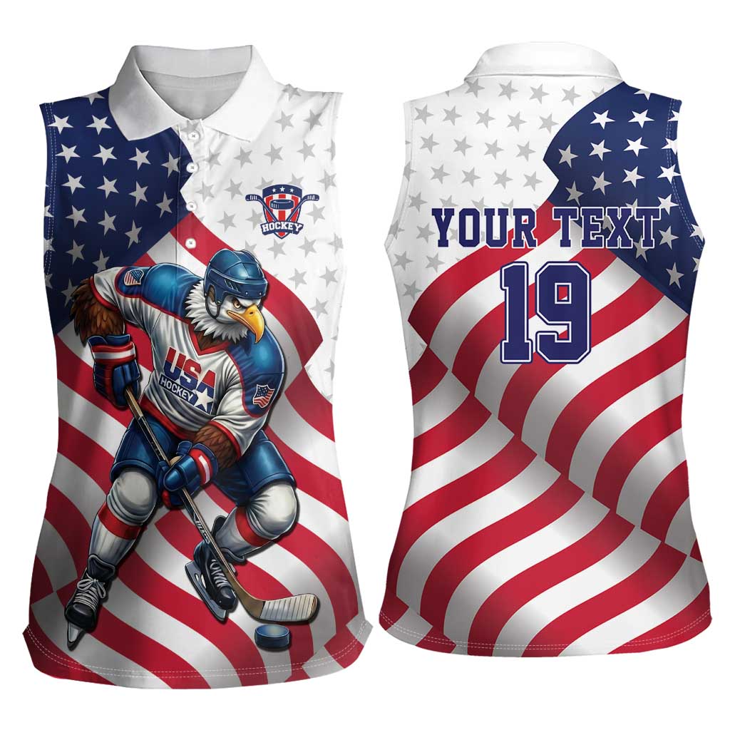 Custom USA Ice Hockey Women Sleeveless Polo Shirt Eagle Mascot Stars and Stripes Design