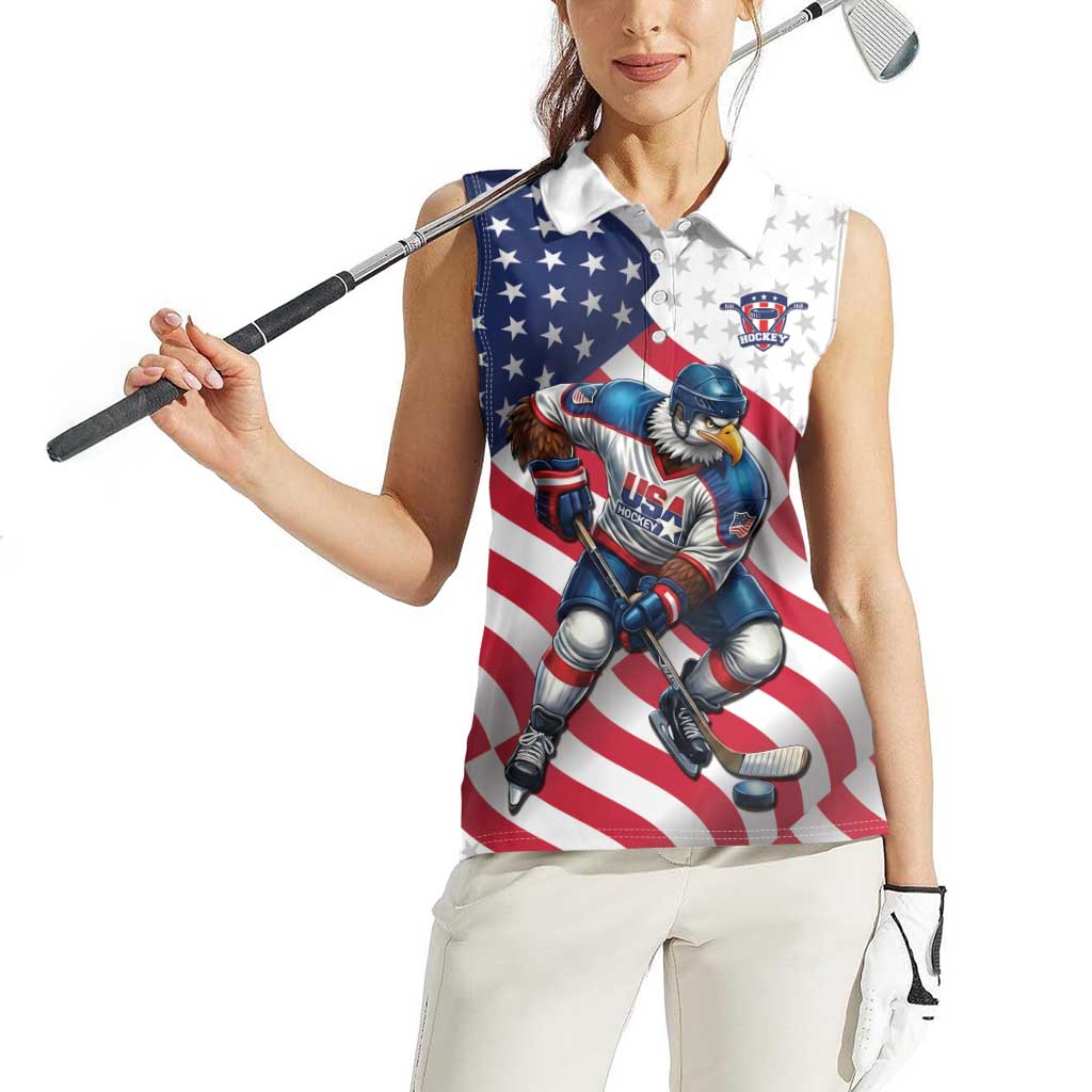 Custom USA Ice Hockey Women Sleeveless Polo Shirt Eagle Mascot Stars and Stripes Design