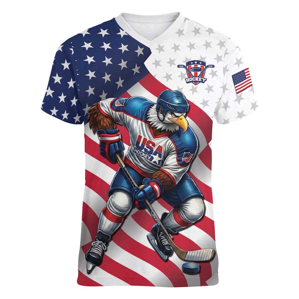 Custom USA Ice Hockey Women V-Neck T-Shirt Eagle Mascot Stars and Stripes Design