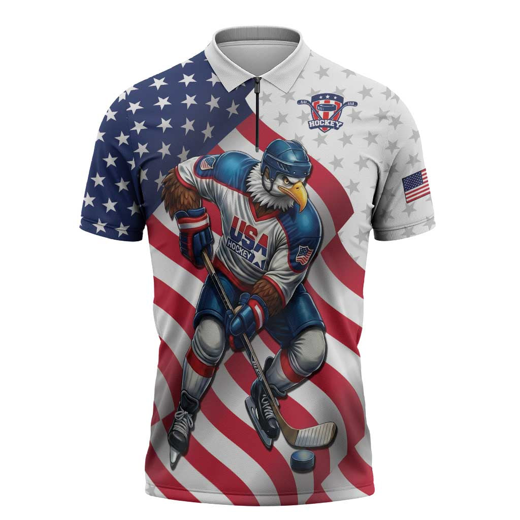 Custom USA Ice Hockey Zipper Polo Shirt Eagle Mascot Stars and Stripes Design