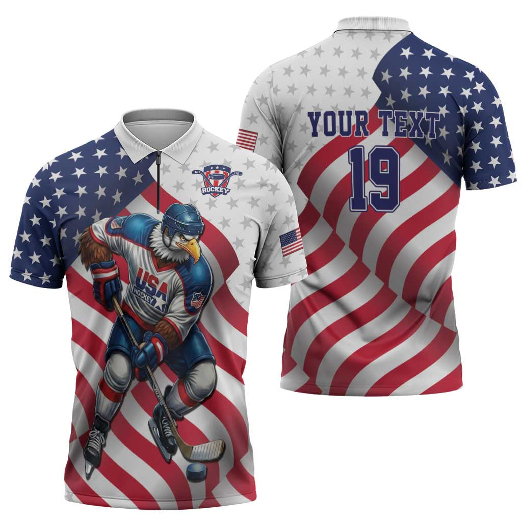 Custom USA Ice Hockey Zipper Polo Shirt Eagle Mascot Stars and Stripes Design