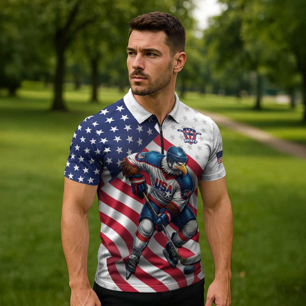 Custom USA Ice Hockey Zipper Polo Shirt Eagle Mascot Stars and Stripes Design
