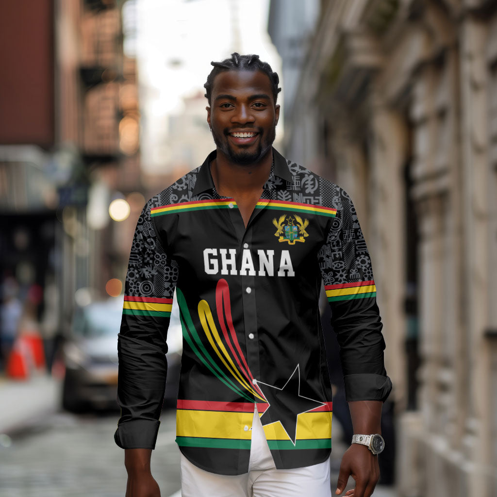 Custom World Football 2026 Ghana Long Sleeve Button Shirt Black Star Adinkra Heritage Black Version