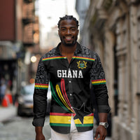 Custom World Football 2026 Ghana Long Sleeve Button Shirt Black Star Adinkra Heritage Black Version