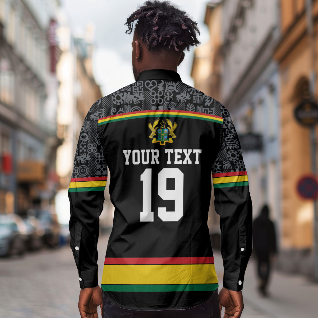 Custom World Football 2026 Ghana Long Sleeve Button Shirt Black Star Adinkra Heritage Black Version