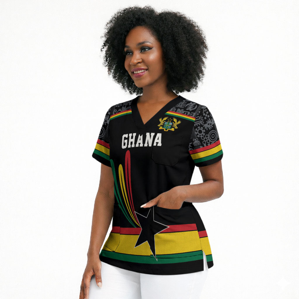 Custom World Football 2026 Ghana Scrub Top Black Star Adinkra Heritage Black Version