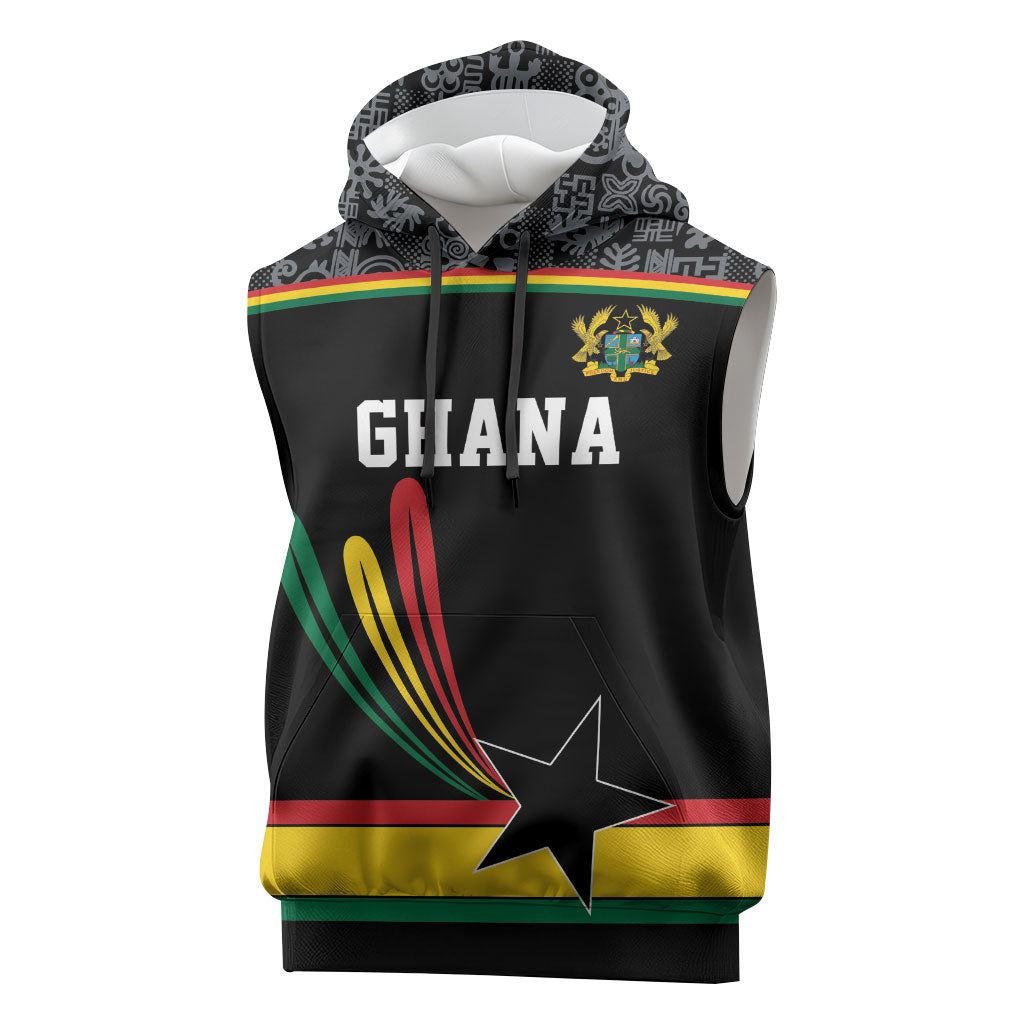 Custom World Football 2026 Ghana Sleeveless Hoodie Black Star Adinkra Heritage Black Version