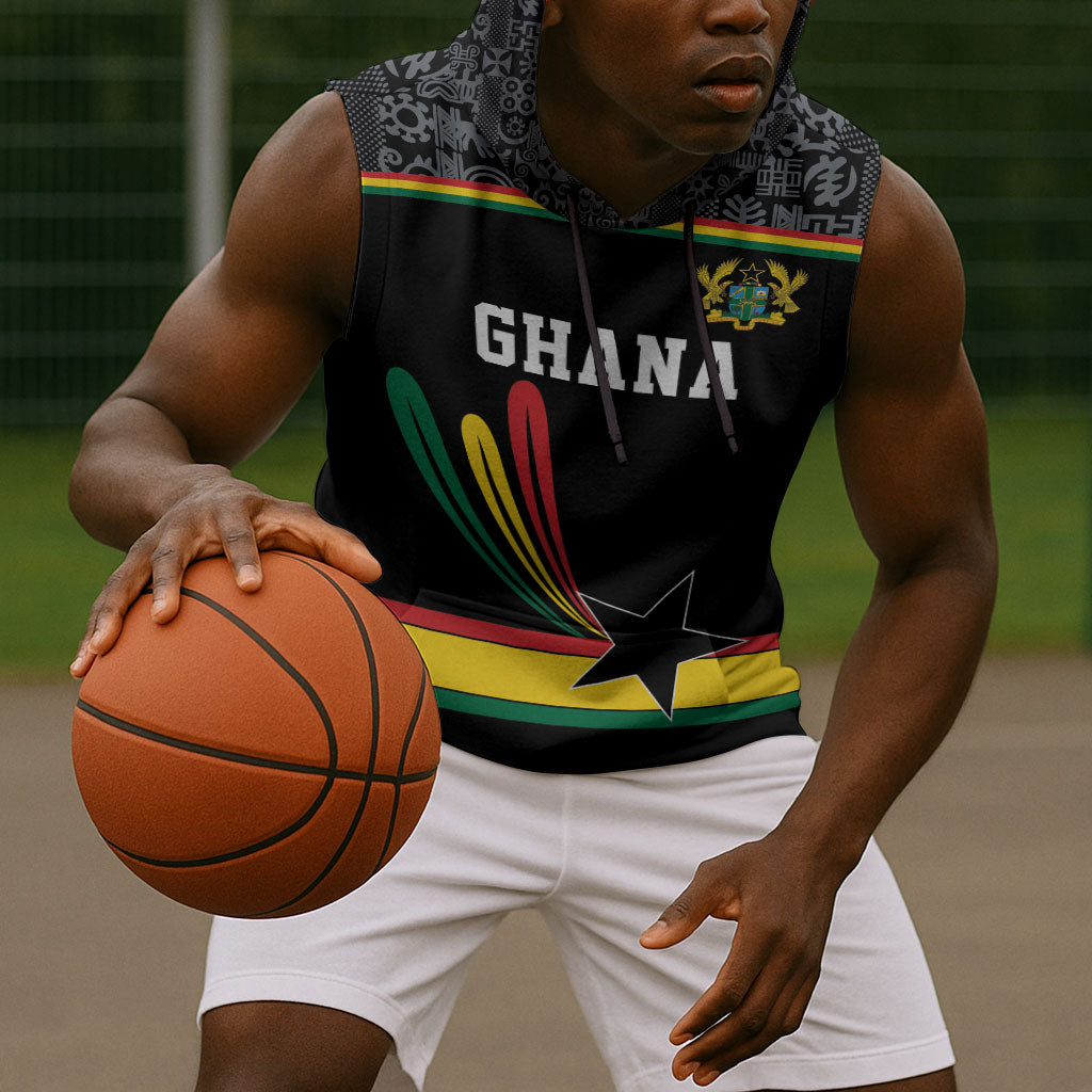 Custom World Football 2026 Ghana Sleeveless Hoodie Black Star Adinkra Heritage Black Version