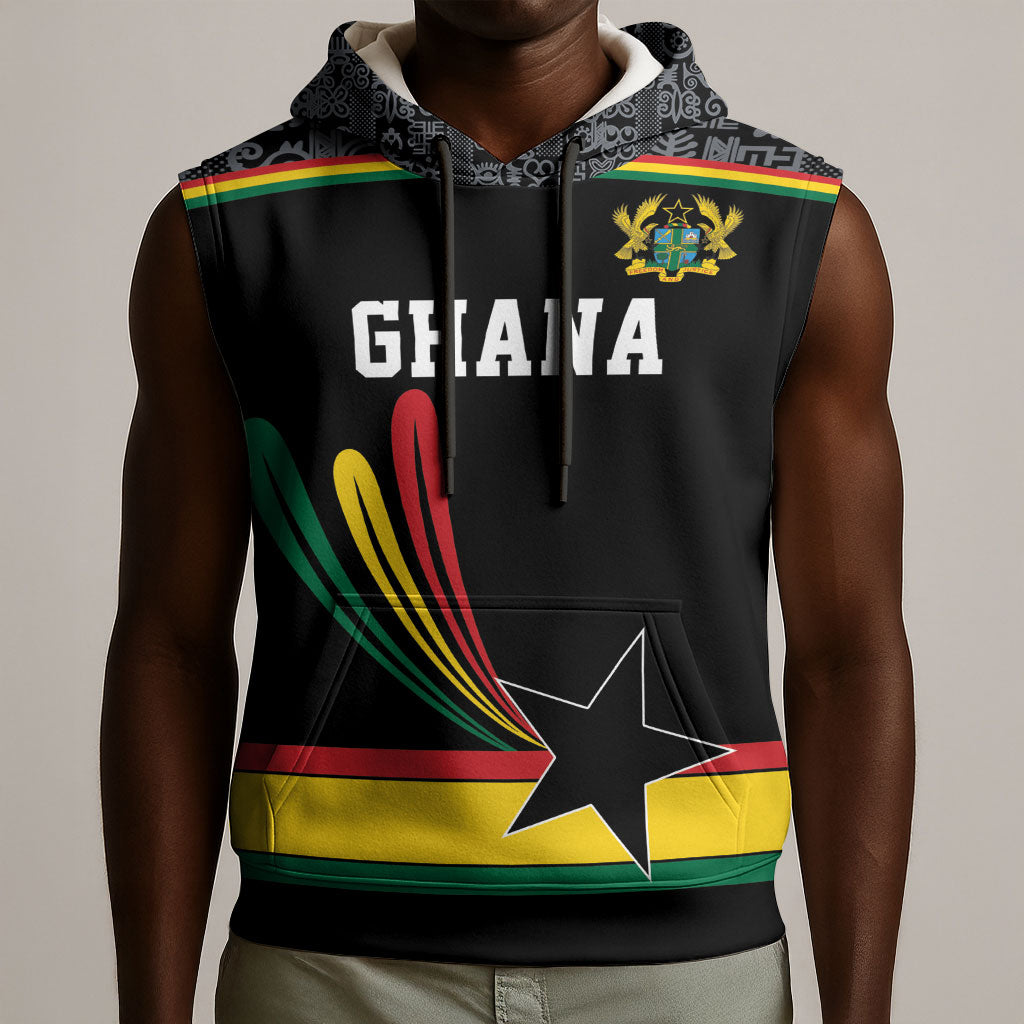 Custom World Football 2026 Ghana Sleeveless Hoodie Black Star Adinkra Heritage Black Version
