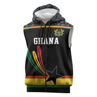 Custom World Football 2026 Ghana Sleeveless Zip Hoodie Black Star Adinkra Heritage Black Version