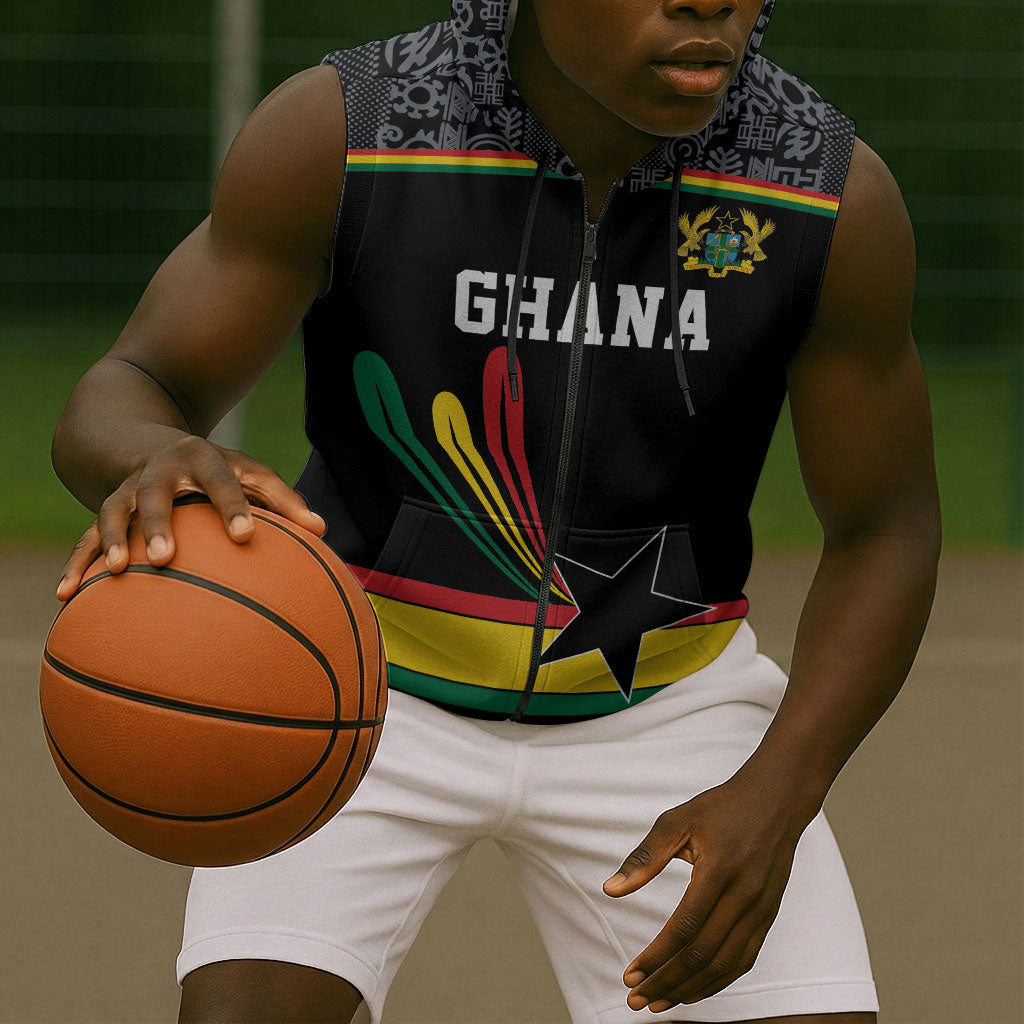 Custom World Football 2026 Ghana Sleeveless Zip Hoodie Black Star Adinkra Heritage Black Version