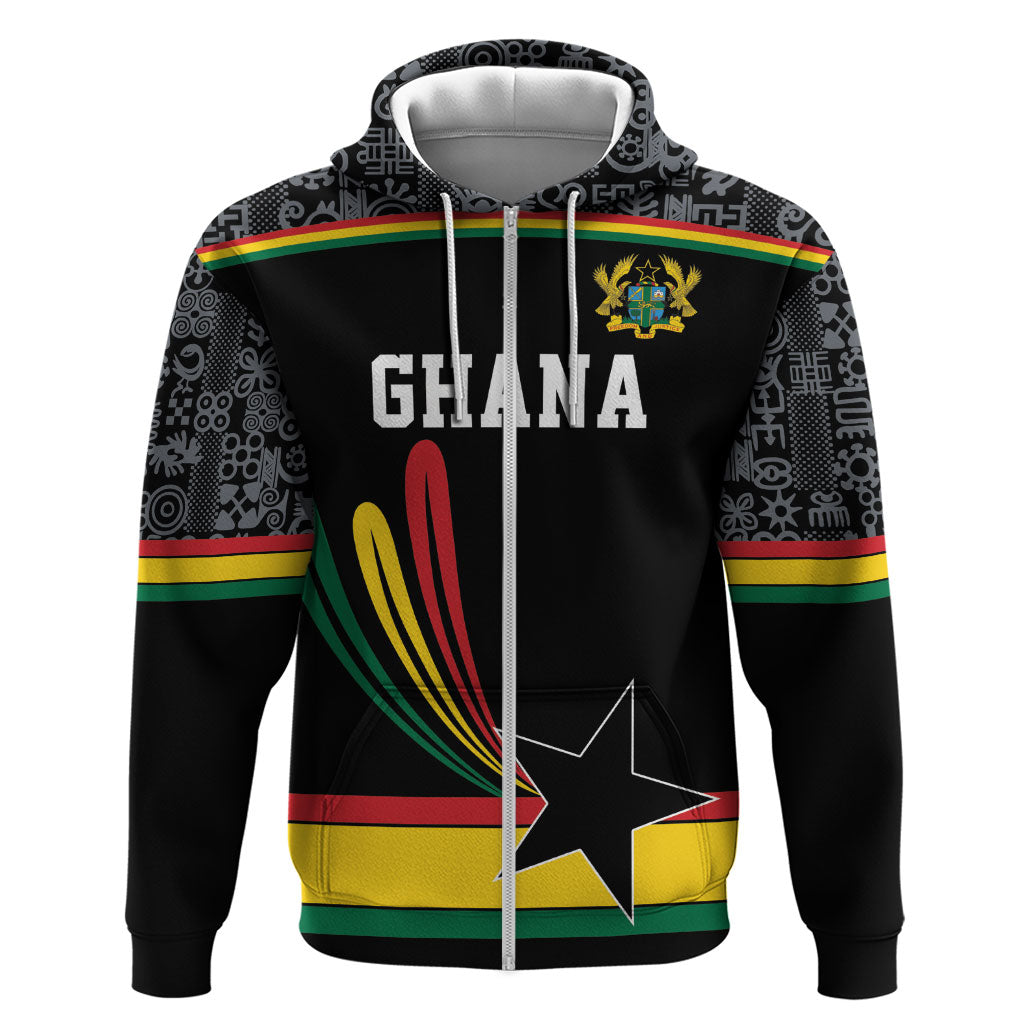 Custom World Football 2026 Ghana Zip Hoodie Black Star Adinkra Heritage Black Version