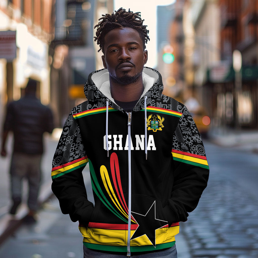 Custom World Football 2026 Ghana Zip Hoodie Black Star Adinkra Heritage Black Version