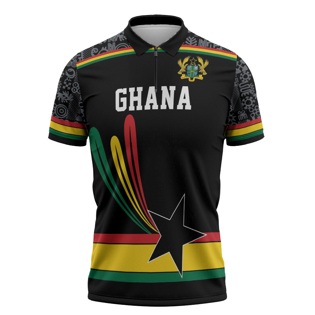 Custom World Football 2026 Ghana Zipper Polo Shirt Black Star Adinkra Heritage Black Version