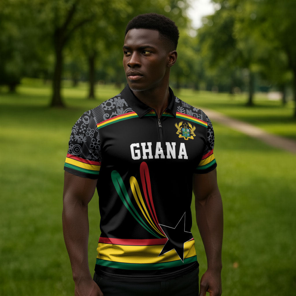 Custom World Football 2026 Ghana Zipper Polo Shirt Black Star Adinkra Heritage Black Version