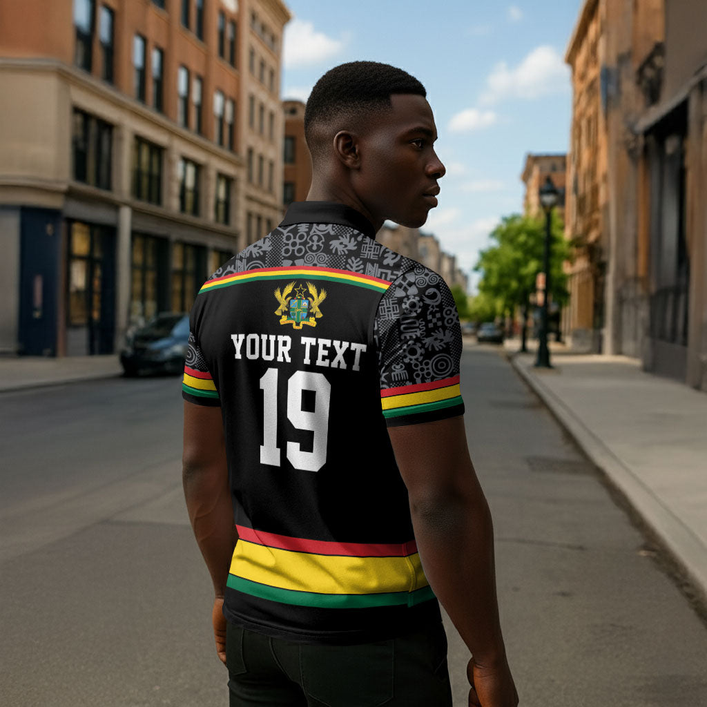 Custom World Football 2026 Ghana Zipper Polo Shirt Black Star Adinkra Heritage Black Version